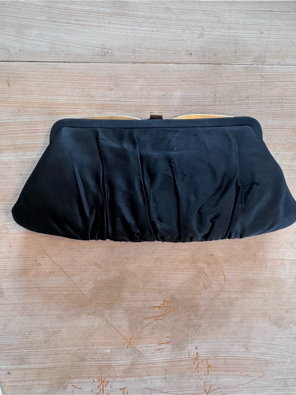 Vintage 1950s Black Satin Frame Clutch with Gathered Detail